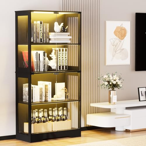 BAJKNIU Vitrina de cristal con iluminación LED, vitrina expositora de coleccionismo, 4 capas y 2 puertas con cerradura, armario de madera y cristal (Negro-A, LED de cuatro capas)
