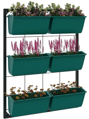 Outsunny Fioriera da Esterno Verticale a 3 Livelli, 6 Vasi per Piante da Esterno in Plastica con Fori di Drenaggio, Portavasi da Appendere per Fiori ed Erbe Aromatiche, 52x14x66 cm, Verde