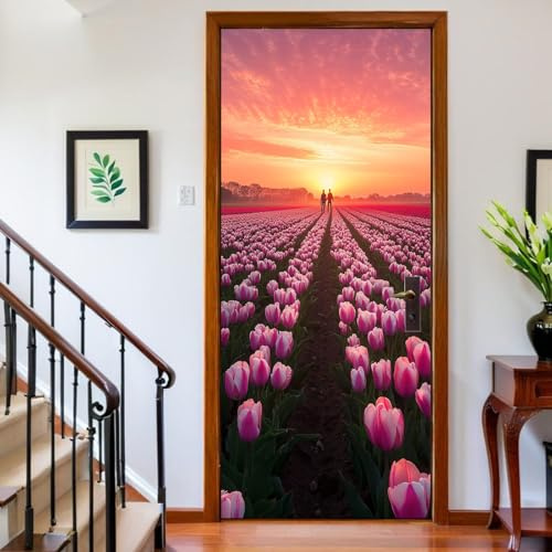 Adesivi per Porte Interne 3D Fiori, tulipani, tramonto Carta da Parati Porta Autoadesiva 77 x 200 cm colore arancione Pellicola Decorativa Poster Murale per Pareti e Porte Decorazione Casa