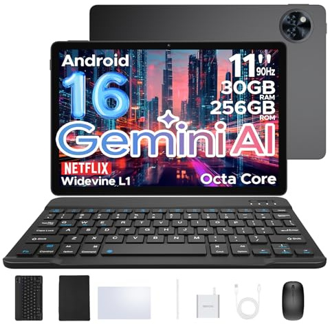 U11 PRO Android 16 Tablet 11 Pollici, 30GB+256GB/2TB Tablet con Tastiera, 8580mAh, T7200 Octa Core, Gemini AI Tablets con Pennae & Mouse & Case, 90Hz 1080P, 13MP+5MP, Widevine L1/WIFI 5 /Face ID/OTG
