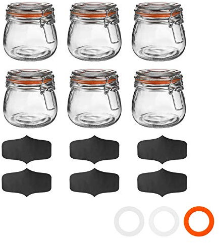 Argon Tableware Glass Jars with Airtight Metal Clip Lid & Chalkboard Stickers - 500ml/17.6oz - 6 Pack - 4 Colour Seals - Kitchen Container Round Preserving Jar for Pickling, Chutney, Jam, Coffee