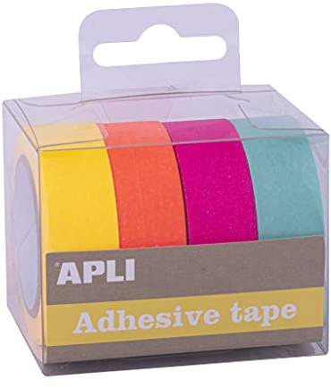 APLI - 18817 - Pack cintas adhesivas decorativas - papel tipo WASHI TAPE - colores flúor- 4 rollos- Cintas de 15 mm x 15 m