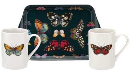Pimpernel Botanic Garden Harmony Mug & Tray Set - 10oz Porcelain Mugs & 8 Melamine Tray - Cottagecore & Farmhouse Serveware with Assorted Butterfly Motif - Dishwasher & Microwave Safe