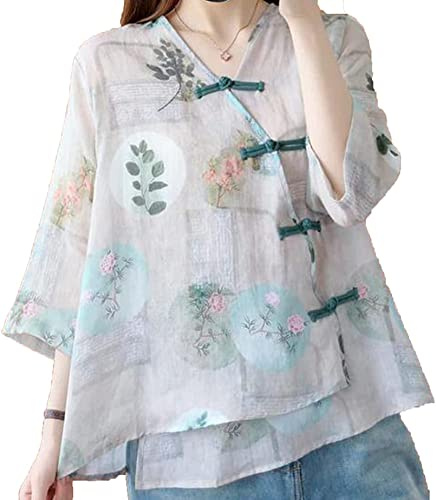 ADSWIN Traditional Chinese Top Flower Print Han-fu Clothes Oriental Clothing Traditional Linen Blouse for Women(001,XL)