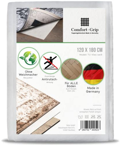 Comfort-Grip Teppichunterlage -OHNE WEICHMACHER- (120x180 cm, Vlies-Weiß) Antirutschmatte für Fußmatte und Teppich, Antirutschunterlage, Anti Rutsch, Rutsch Stop, rutschfest
