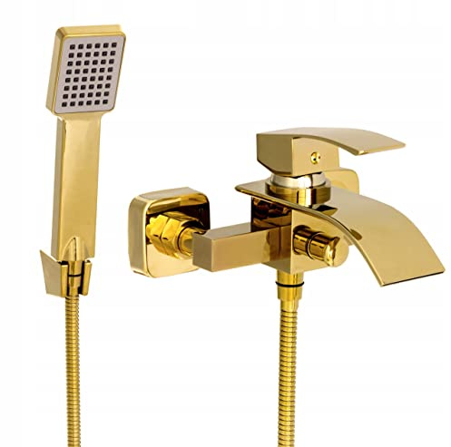 Granitan Badewannenarmatur mit Handbrause - Modisch und Funktionell Wasserhahn Badewanne - Einhand Badewannenarmatur Wasserfall aus Messing - Goldfarben - Elsa