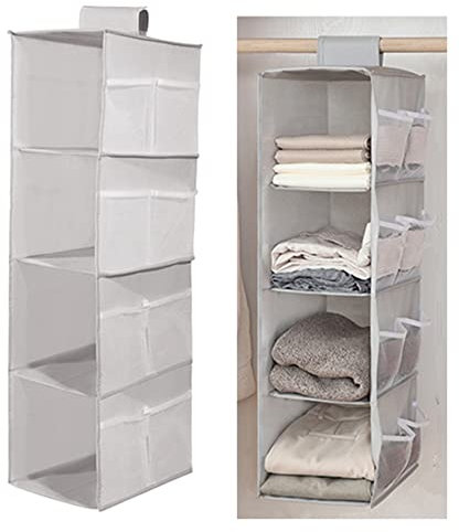 Wanfoou Étagères de Rangement Suspendues Etagere de Penderie à Suspendre Pliable 4 Compartiments Organisateur Vetement Armoire 12 Poches Latérales pour sous-Vêtements,Jeans,Gris(30 x 22,5 x 80cm)