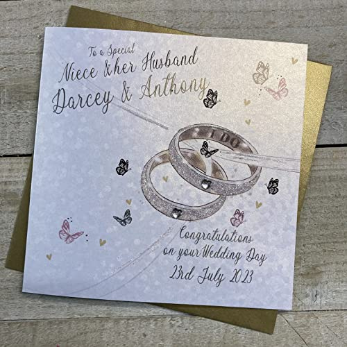 WHITE COTTON CARDS PERSONALISED WEDDING CARD, TO A SPECIAL NIECE & HUSBAND, RINGS DESIGN, HAND FINISHED (X) P23-9-NIE