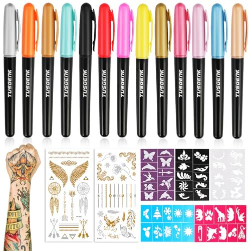 TUSGENK Temporäre Tattoo Farbe Kinder, 13 Farben Tattoo Stift mit 2 Schablonen, Glitter & Matte Tattoos Farbe, Geruchlos löschbar kinderschminke, Kreativgeschenke für Kinder