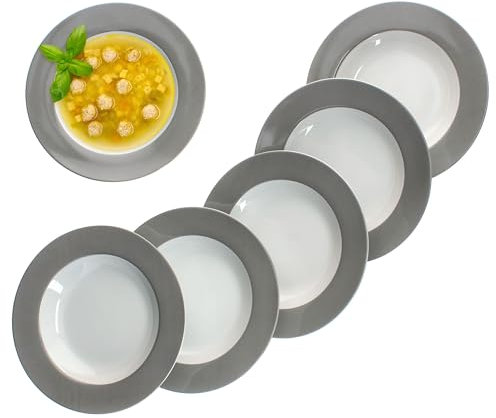 MamboCat 6er Set Variant Grau Suppenteller I farbige Tiefe Porzellan-Teller für 6 Personen I Bunte runde Teller Salat, Suppe, Müsli, Pasta & Co. beim Frühstück, Mittag & Abendbrot