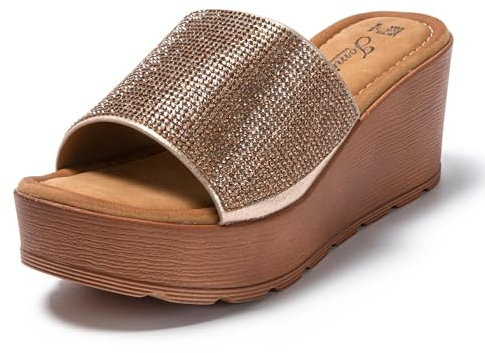 JOMIX Glitzer Schlappen Plateau Pantoletten Damen Keilabsatz Mädchen Strandschuhe Fussbettpantoffel (Gold, 39 EU, SD9101)