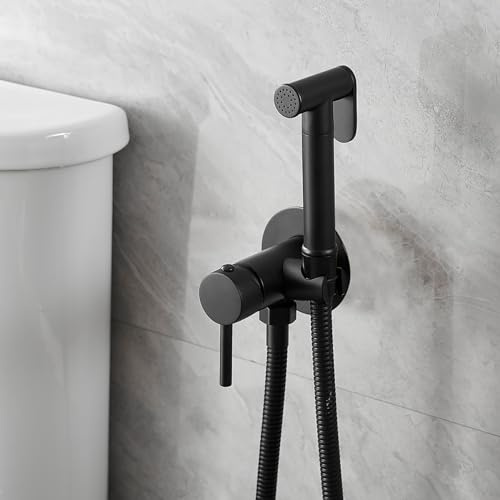 Bathfinesse Wall Mounted Bidet Sprayer Set, Warm Water Bidet Sprayer Faucet for Toilet with Hot and Cold Brass Valve, Stainless Steel Round Handheld Bidet Attachment Set, Matte Black