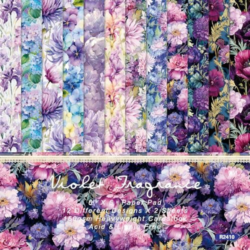 ZAKHSE Motivpapier 15,2x15,2cm, 48 Blätter Violett Hortensie Blumenmuster Designpapier, Einseitig Bedruckt Bastelpapier Bunt, 12 Designs, Scrapbook Papier für Hochzeit Kartenherstellung Sammelalbum