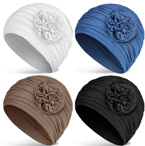 JenPen 4 Pcs Cotton Chemo Headwear for Women Turban Soft Cancer Head Scarf Hats Beanie Elastic Hair Wraps for Women's(White, Blue, Khaki,Black)