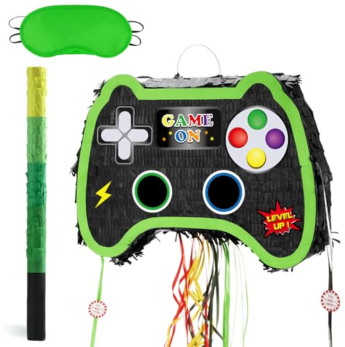 WERNNSAI Pull String Video Game Pinata Game Controller Pinata | Birthday Party Decoration Supplies Game Celebration Interest Decoration with Blindfold and Bat