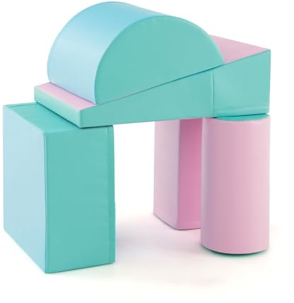 LIFEZEAL Set di 5 Blocchi Morbidi in Schiuma per Bambini 9-36 Mesi, Costruzioni, Libera Combinazione, Mattoni Cubi Componibile, Giocattolo Attività, con Scivolo, Arrampicata (verde+rosa)