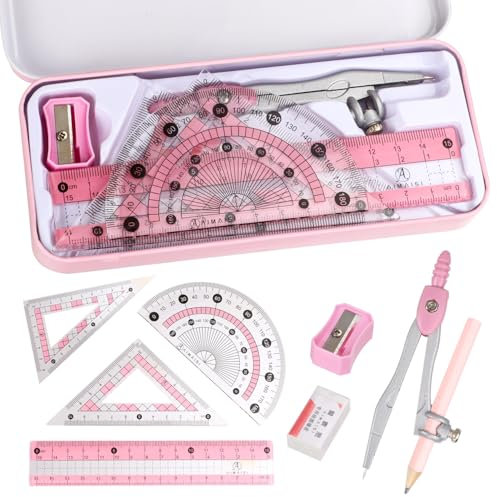 Maths Set Geometry Set Protractor and Compass Set with Metal Box Drawing Compass with Rulers Math Compass Kit for Class Supplies and School 9 Piece