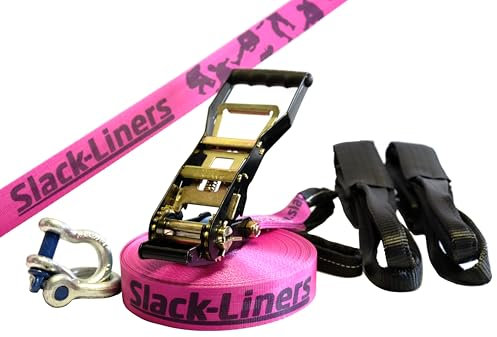 Slackline Komplett-Set 6-Teilig - 50mm breit - 20m lang - Premium - Brombeere/Pink