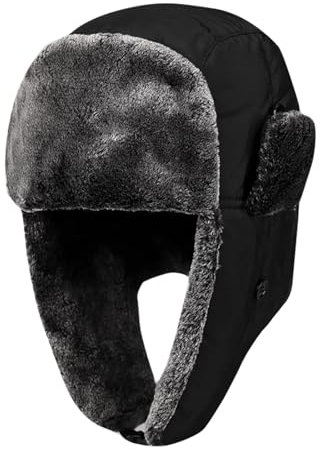 Juquenazi Herren Winter Trapper-Hut Kunstleder Aviator Pilotenmütze Warm Gefütterte Kunstpelz-Hut mit Winddichten Ohrenklappen Wintermütze Verdickte und Gepolsterte Wasserdicht Kappe für Skifahren