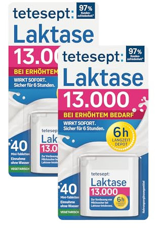 tetesept Laktase 13.000 – 2 x 40 Mini-Tabletten mit Sofortwirkung & 6h Langzeit-Depot – Laktase-Enzym zur Unterstützung der Laktoseverdauung – Nahrungsergänzung bei Laktoseintoleranz – vegetarisch