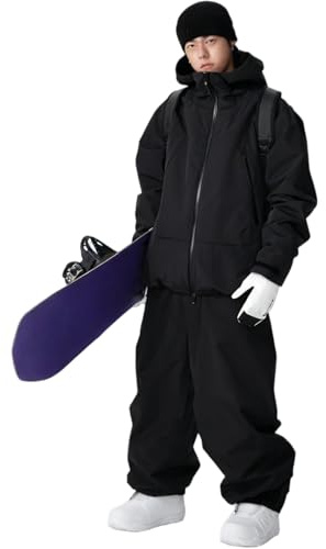 Skidjacka för män och kvinnor, skidbyxor, set skidkläder, 2 delar, snödräkt, vattenpelare, snöjacka, ventilerande remmar, vindtäta snöbyxor för skidåkning, snowboard, svart, L