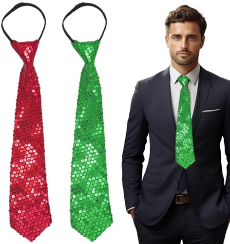 DOKRIN 2 pezzi cravatte con paillettes, cravatte lucide, accessori per abbigliamento da uomo e da donna cravatte con paillettes decorazioni per costumi per feste matrimoni Natale (rosso, verde)