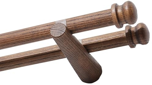 Barra de cortina de madera, barra doble de madera maciza, color nogal
