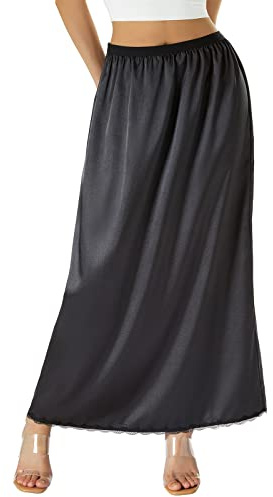 WWAYBEI Plus Size Satin Half Slips for Women Under Dresses Solid Color Long Underskirt Lace Trim Elastic Waist Maxi Skirt (Black, 2XL)