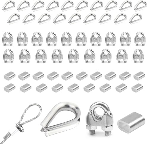 60 Stück Seilklemmen M3 Set, 304 Edelstahl 20 Drahtseilklemme 3mm & 20 Aluminiumhülsen & Kauschen Drahtseilklemmen für Drahtseile Wäscheleinen Markisenzubehör