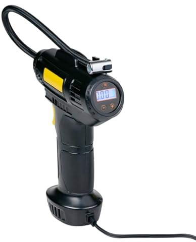 Dunlop Digitaler Kompressor 12V – Elektrische Luftpumpe mit Zigarettenanzünderstecker – Reifendruckprüfer für Auto- und Fahrradreifen – Luftkompressor mit LCD-Display, 3 Aufsätzen und LED-Licht – Schw
