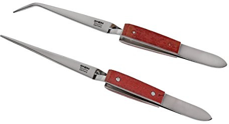Lötpinzette- Kreuzpinzetten-Industriepinzetten- Lötpinzetten im Set, gerade und abgewinkelt, mit Holzgriff, ca. 17 cm lang