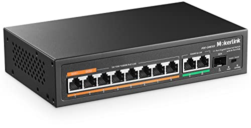 MokerLink 11 Port Gigabit PoE Switch with 8 PoE+ Port, 2 Gigabit Uplink, 1 SFP Port, 120W AI Detection, Qos, Fanless Metal Plug & Play Unmanaged Network Switch