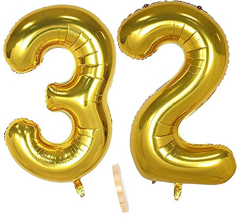 Folienballon Zahl Deko Gold 32 für Frauen Männer, XXL 100cm Riesen Nummer Aufblasbar Helium Ballon Figuren Zahlen Luftballons für 32. Jahre Mann Frau Geburtstag Hochzeit Jubiläum Party Dekoration