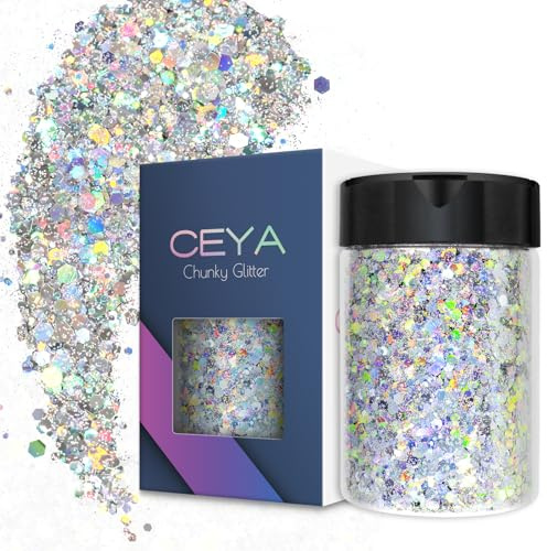 Ceya Holographic Chunky Glitter, 4.9oz/ 140g Diamond Silver Craft Glitter Powder Mixed Fine Flakes Iridescent Nail Sequins for Nail Art, Hair, Epoxy Resin, Tumblers, Slime, Painting, Festival Decor