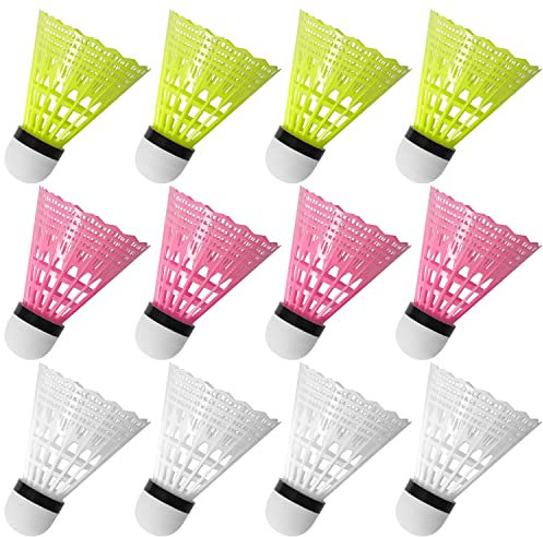 FYSL Federball Set 12 Stück Langlebige Badminton Bälle, Hochwertige Nylon Federbälle Speed für Draußen, Übung, Freizeit, Einsteiger (Weiß+Gelb+Rosa)