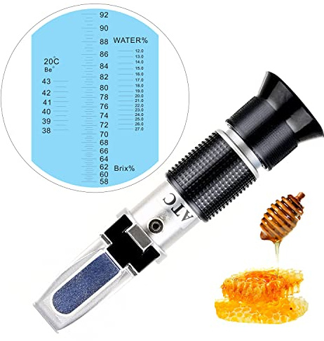 Brix Refractometer Meter, Triple Scale Honey Tester (Water Content: 12-27%, Brix: 58-90%, Be': 38-43), Handheld Honey Refractometer for Honey, Maple Syrup, Molasses & Bee Keeping