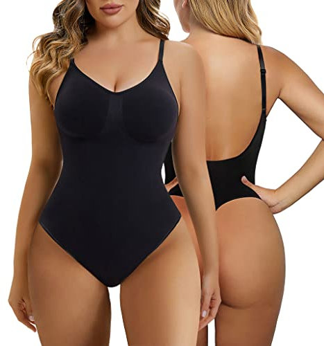 SHAPERX Bodysuit Figurenformend Damen Shapewear Bauchweg Body Shaper Tanga Ganzkörper Formende Bodys Niedriger Rücken Verstellbare Träger, UK-SZ5266-Black-L/XL