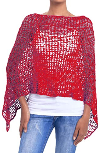 JOPHY & CO. Kvinnors Poncho Mesh Stickade Effekt Kvinnors Sommar och Spring Crochet Shoulder Cover Lätt och Mjuk (cod. 1511), Röd, S