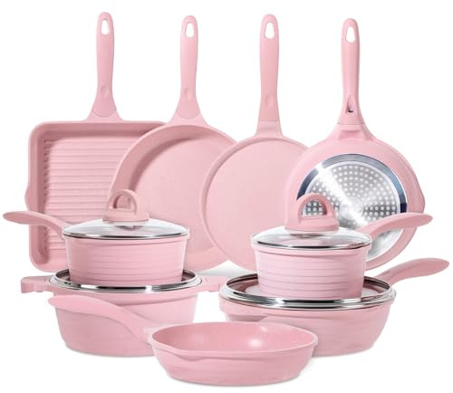 JEETEE Batterie de Cuisine 23 Pcs, Granit-Antiadhésif Sets de Poêles et Casseroles, Parfait comme cadeau pour une nouvelle maison, Convient à Tous les Fourneau, Sans PFOA/PFOS, Pink