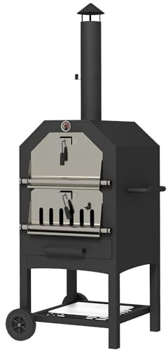 Outsunny 2-In-1 Pizzaofen Outdoor mit Rollen Grillofen mit Schutzhülle Pizzaschaufel 2 Grillnetzen Grillwagen mit Schornstein 3-Tier Holzbackofen für BBQ Stahl Schwarz+Silber 66 x 45 x 158 cm