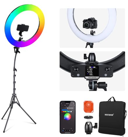 NEEWER 18 RGB LED Ring Light Controllo APP con Supporto e Telefono, 42W Dimmerabile 2500K-10000K GM±50 Bi Color CRI97+/TLCI98+ 360° Full Color 18 Scene per Selfie Makeup TikTok Vlog, RGB18 II