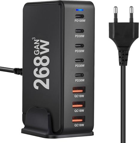 AXFEE Chargeur USB C Rapide 268W, Multiple GaN Chargeur Secteur avec 5 USB C+3 USB-A, Chargeur Rapide Station de Charge Adaptateur Compatible avec MacBook Pro/Air, i-Pad, i-Phone, Galaxy, Huawei