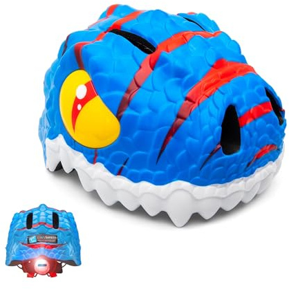 Crazy Safety Blue Dino cykelhjälm för barn 6-12 år för cyklar, skateboards, balanscyklar, skotrar, skridskor lätt och justerbar 3D-djurhjälm 54-59 cm