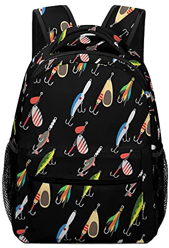 Sac à dos vintage style leurre de pêche noir pour garçon, sac d'école, sac à dos pour étudiant, sac à livres réglable avec parapluie, poche pour tasse d'eau, léger et cool, Comme indiqué sur la photo,