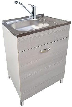 MABEL Mueble bajo fregadero de cocina Olmo gris 1 puerta organizador de madera ennoblecida con fregadero de apoyo de acero – L 60 cm x P 50 cm x H 85 cm