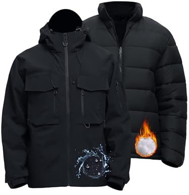 Rejork Men's 3 in 1 Waterproof Winter Jackets Ski Warm Snow Rain Coat Puffer Liner Hood Windbreaker Black 3XL