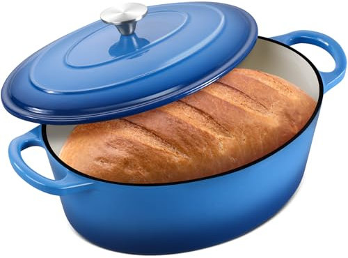 Leonyo - Forno olandese ovale con coperchio, 7 litri, in ghisa smaltata, ovale, per rompere il pane a lievitazione naturale, pentole resistenti per brasare, stufati, arrosti, blu