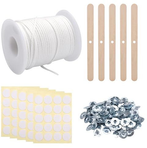 61 m Kerzendocht Rolle, Baumwolle Dochte für Kerzen, Candle Wick, Kerzen Docht Set mit Metallbasis, Dochthalter Holz und Aufkleber, Rußfreie Kerzendocht Baumwolle, Runddocht für DIY Kerzenherstellung