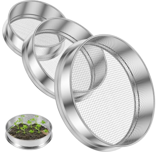 Abizarch 3Pcs Stainless Steel Garden Soil Sieve, 9.8 7.9 5.9 Stackable Soil Sifter Set,Gardening Soil Sifters Practical, Compost Sifter Compact Rock Sifter for Gardening