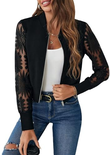 GORGLITTER Veste bomber à manches longues pour femme avec fermeture éclair - Blouson léger - Veste de mi-saison - Veste en dentelle - Veste de loisirs - Tenue d'automne